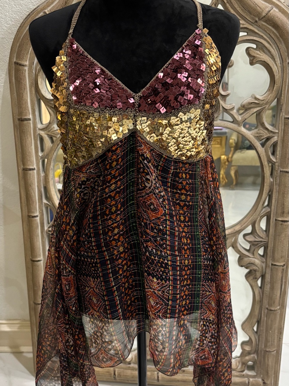 Marciano Sequin Bustier Camisole in Pink and Gold with Patterned Chiffon